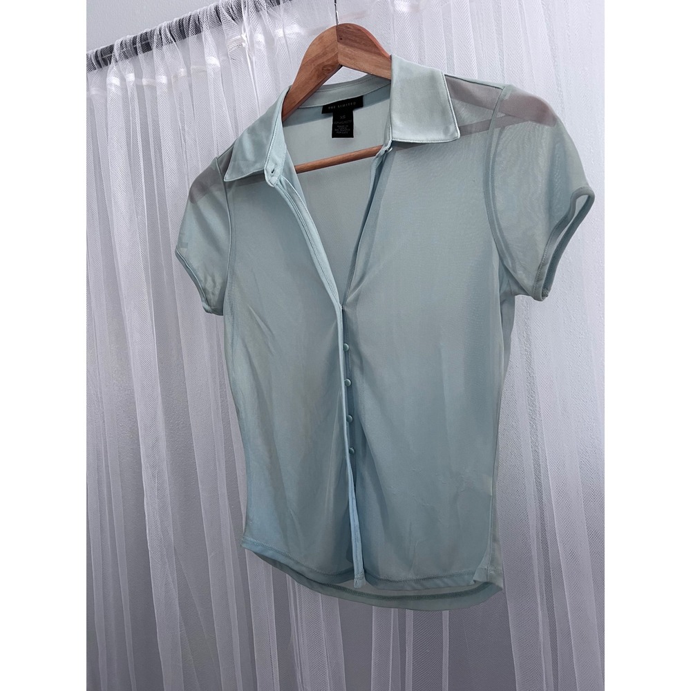 The Limited XS Sage Green Sheer Mesh Button Up Short Sleeve Collared Top Y2K